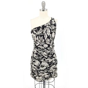 Zara Floral Ruched Mini Dress Black White S cocktail party night out one shoulde